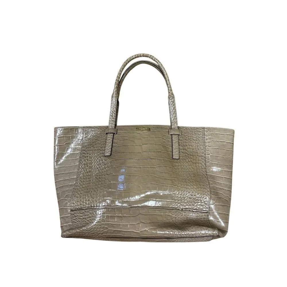 Kate Spade Large Croc Embossed Leather Tote Bag Beige Work Bag Preowned